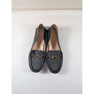Coach Driving Loafers Womens 8.5 Black Signature Jacquard Logo Chain Flats